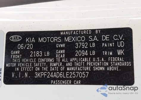 2020 Kia Forte Lxs из США, поврежденный, VIN 3KPF24AD6LE257057